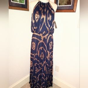 NWT Navy and Gold Halter Gown